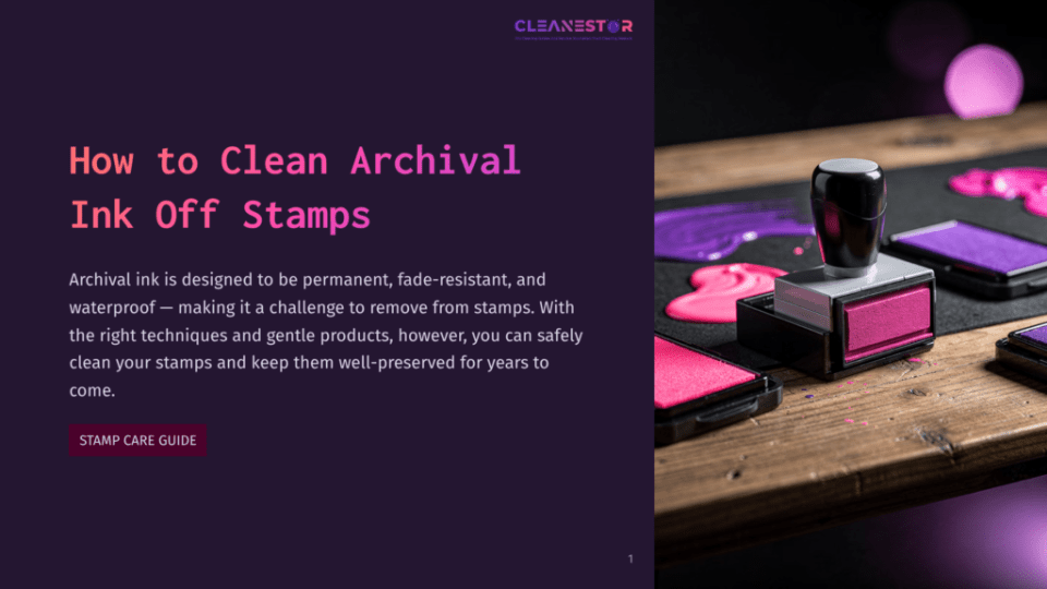 1 How To Clean Archival Ink Off Stamps A Rubber Stamp With A Pink Ink Pad Sits On A Rustic Wooden Surface, With Purple And Pink Ink Pads And A Wooden Stamp In The Background. Text Reads &Quot;Cleanestor&Quot;.