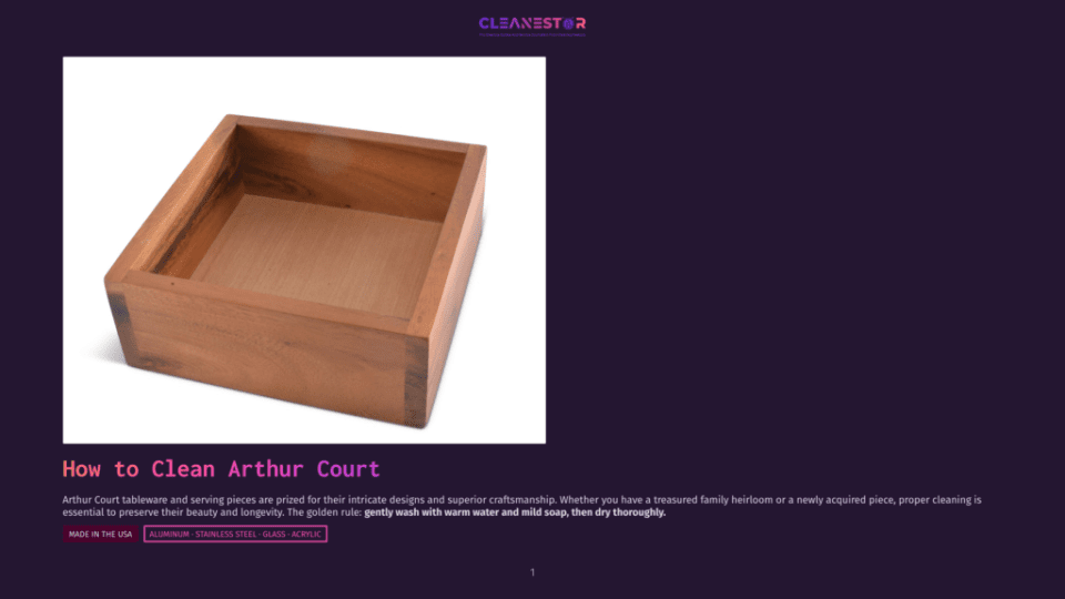1 How To Clean Arthur Court Wooden Arthur Court Serving Tray With A Light Wood Interior, Set Against A Dark Purple Background With The Text &Quot;Cleanestor&Quot; And &Quot;How To Clean Arthur Court&Quot;.