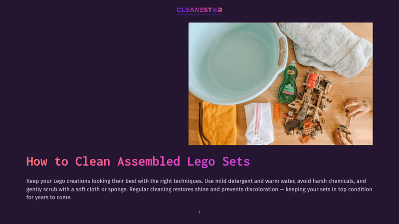 1 How To Clean Assembled Lego Sets A Top-Down View Of Lego Sets Being Cleaned, With A Large Blue Basin Of Water, Dish Soap, A Towel, And A Sponge On A Wooden Table.