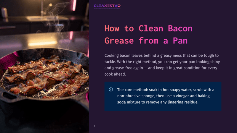 1 How To Clean Bacon Grease From A Pan Crispy Bacon Sizzles In A Cast Iron Pan On A Stovetop, Emitting Steam. The Pan Is On A Dark Surface, With A Blurred Background Of A Kitchen Counter And Cabinets. The Image Is Part Of A Guide On How To Clean Bacon Grease From A Pan.