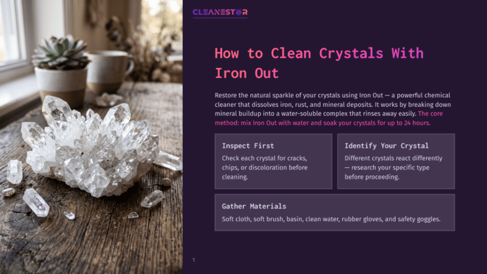 1 How To Clean Crystals With Iron Out A Close-Up Of A Large, Clear Quartz Crystal Cluster On A Rustic Wooden Table, With A Soft-Focus Background Of A Window And A White Mug. The Text &Quot;Cleanestor&Quot; Is Visible In The Upper Right.