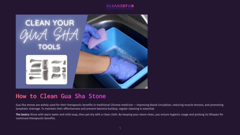 1 How To Clean Gua Sha Stone Hands In Blue Gloves Rinse A Purple Gua Sha Stone In A Blue Basin Filled With Soapy Water, With A Graphic Overlay Reading &Quot;Clean Your Gua Sha Tools.