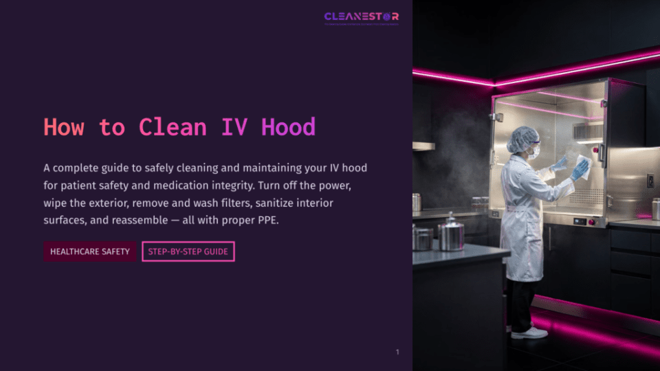 1 How To Clean Iv Hood A Person In A White Lab Coat And Ppe, Including A Mask And Gloves, Cleans An Iv Hood With A Cloth. The Setting Is A Laboratory With Pink Neon Lights And Stainless Steel Appliances.