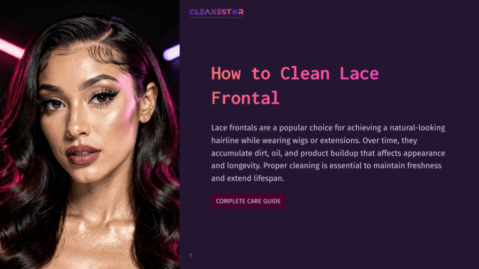 1 How To Clean Lace Frontal Close-Up Of A Woman With Styled Hair And Makeup, A Title Overlay Reads &Quot;How To Clean Lace Frontal&Quot; And &Quot;Complete Care Guide&Quot;.