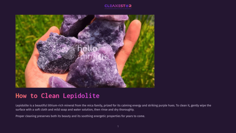 1 How To Clean Lepidolite A Hand Holds Several Rough, Purple Lepidolite Stones, Showcasing Their Natural Beauty And Shimmering Mica Flecks. The Text &Quot;Hello Minatie&Quot; Is Overlaid On The Stones.