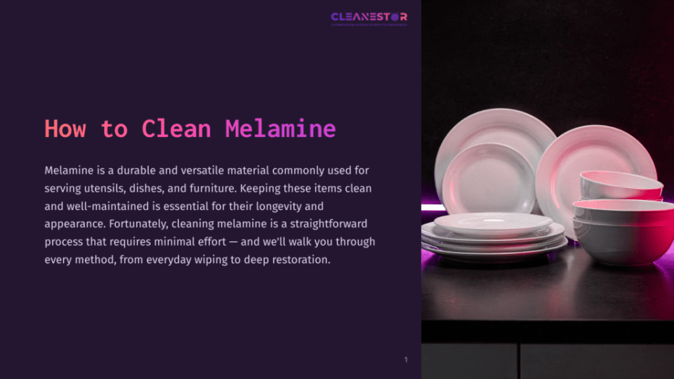 1 How To Clean Melamine Cleanestor Logo Above Text &Quot;How To Clean Melamine&Quot; On A Dark Purple Background, With A Stack Of White Melamine Dishes In The Foreground, Lit By Pink Light.