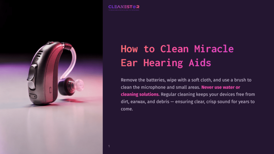 1 How To Clean Miracle Ear Hearing Aids A Modern, Silver Behind-The-Ear Hearing Aid With A Transparent Ear Tip Rests On A White Surface, Illuminated By Soft Pink And Purple Light. Text Overlay Reads: &Quot;How To Clean Miracle Ear Hearing Aids&Quot; And &Quot;Never Use Water Or Cleaning Solutions.
