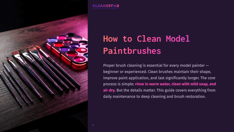 1 How To Clean Model Paintbrushes A Close-Up Of Several Model Paintbrushes With Varying Tip Sizes Resting On A Dark Wooden Surface Next To A Colorful Paint Palette.