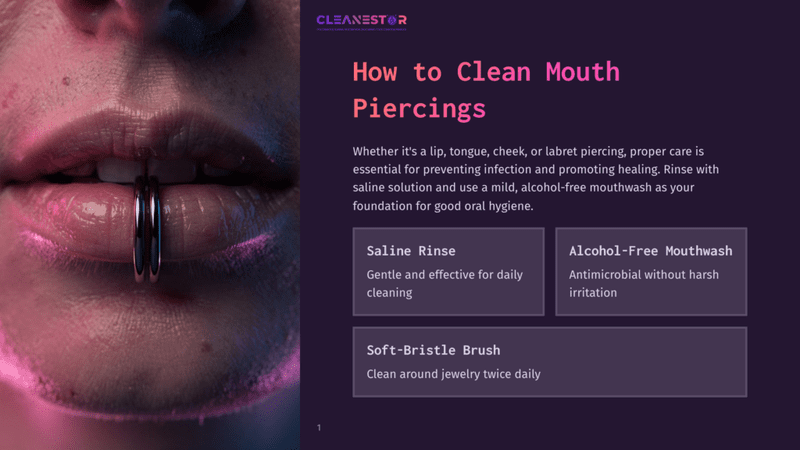 1 How To Clean Mouth Piercings Close-Up Of A Person'S Lips With A Silver Ring Piercing. Text Overlay: &Quot;Cleanestor How To Clean Mouth Piercings Saline Rinse Alcohol-Free Mouthwash Soft-Bristle Brush&Quot;.