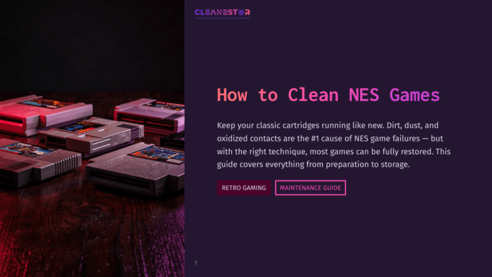 1 How To Clean Nes Games Nes Game Cartridges On A Wooden Surface, With The Cleanestor Logo And &Quot;How To Clean Nes Games&Quot; Text Overlay.