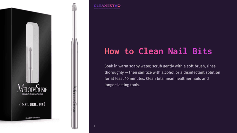 1 How To Clean Nail Bits A Metal Nail Drill Bit With The Brand Name &Quot;Melody Susie&Quot; Is Displayed Next To Its Black Packaging, With Instructions On How To Clean Nail Bits Appearing On A Purple Background.