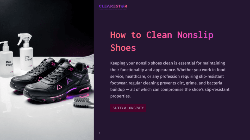 1 How To Clean Nonslip Shoes Two Bottles Of &Quot;Pro Clean&Quot; Shoe Cleaner Spray Sit Beside A Pair Of Black Nonslip Shoes With Neon Pink Accents, And A Cleaning Brush. The Shoes Are Displayed On A Clean, White Surface Against A Dark Background.