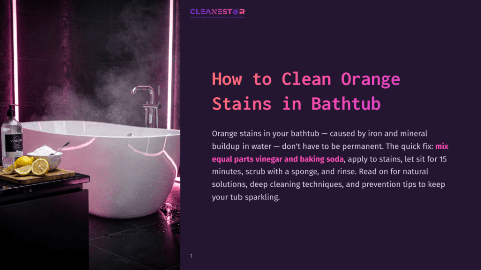 1 How To Clean Orange Stains In Bathtub A Luxurious White Bathtub With Steam Rising From It Sits In A Modern Bathroom With Dark Tiled Walls And Dramatic Pink Lighting. A Bottle Of Cleaner And Lemons Are On A Wooden Counter Next To The Tub.