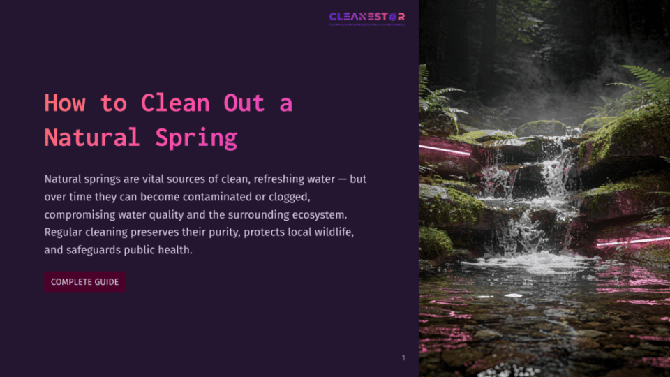 1 How To Clean Out A Natural Spring A Natural Spring Waterfall Cascades Over Mossy Rocks, Illuminated By Vibrant Pink Neon Lights, With Lush Green Foliage In The Background. The Text &Quot;Cleanestor&Quot; And &Quot;How To Clean Out A Natural Spring&Quot; Is Visible.