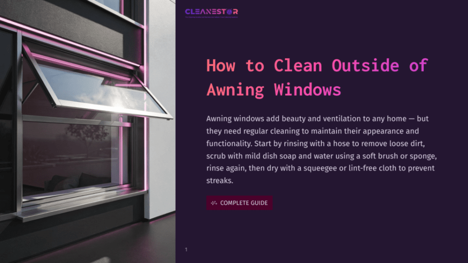 1 How To Clean Outside Of Awning Windows A Modern Awning Window Is Open, Letting In Sunlight. The Text &Quot;Cleanestor&Quot; And &Quot;How To Clean Outside Of Awning Windows&Quot; Is Visible On The Right.