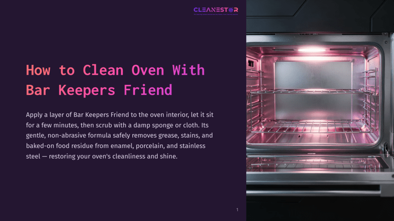 1 How To Clean Oven With Bar Keepers Friend An Open, Empty Oven Interior With Glowing Pink Light, Featuring Two Wire Racks And A Clean Stainless Steel Finish. Text Overlay Reads &Quot;How To Clean Oven With Bar Keepers Friend&Quot;.