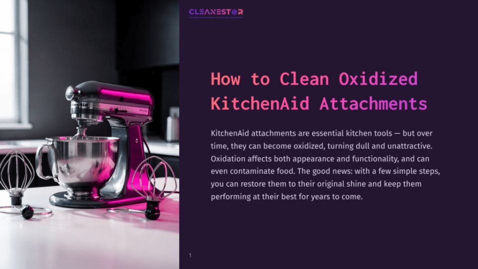 1 How To Clean Oxidized Kitchenaid Attachments A Purple Kitchenaid Stand Mixer With A Stainless Steel Bowl And Whisk Attachments Sits On A White Countertop, With The Text &Quot;How To Clean Oxidized Kitchenaid Attachments&Quot; Visible.