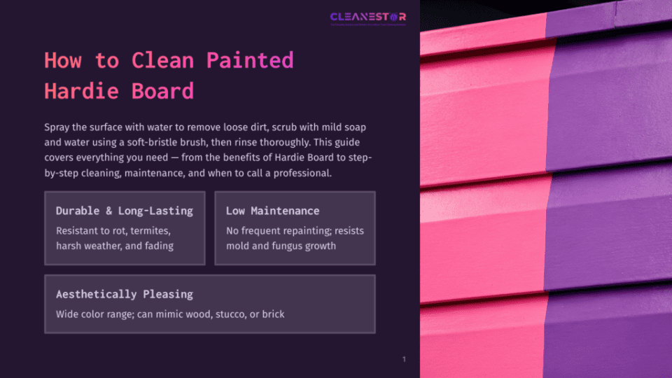 1 How To Clean Painted Hardie Board Close-Up Of A Painted Hardie Board Siding With Vibrant Pink And Purple Panels. Text Overlay: &Quot;Cleanestor&Quot; And &Quot;How To Clean Painted Hardie Board&Quot;.