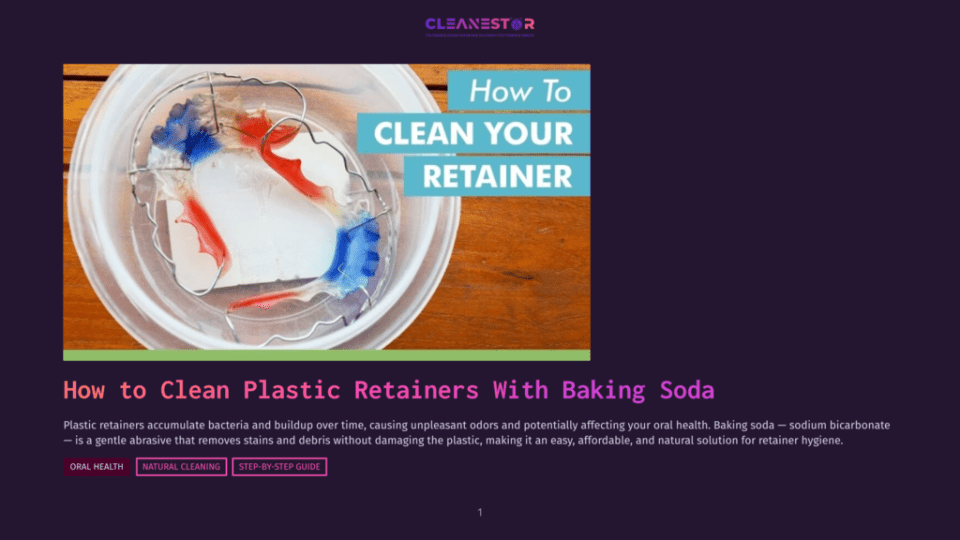 1 How To Clean Plastic Retainers With Baking Soda Close-Up Of A Clear Plastic Retainer With Red And Blue Accents Soaking In A White Bowl Of Water, With Text Overlay &Quot;How To Clean Your Retainer&Quot;.