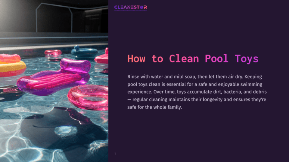 1 How To Clean Pool Toys Inflatable Pool Toys, Including A Pink Lounger And A Yellow Ring Float, Float On The Surface Of A Sparkling Blue Swimming Pool. The Text &Quot;Cleanestor&Quot; And &Quot;How To Clean Pool Toys&Quot; Is Visible.
