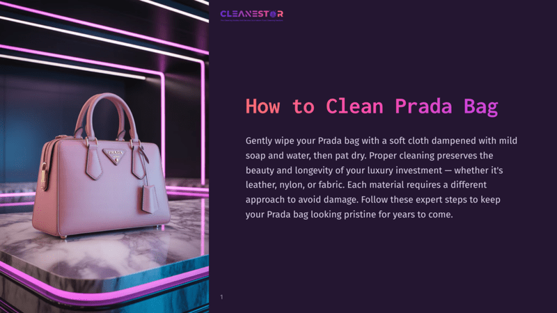 1 How To Clean Prada Bag A Light Pink Prada Bag With A Hanging Tag Sits On A Marble Surface, Illuminated By Neon Lights, With Text &Quot;How To Clean Prada Bag&Quot; Overlayed.
