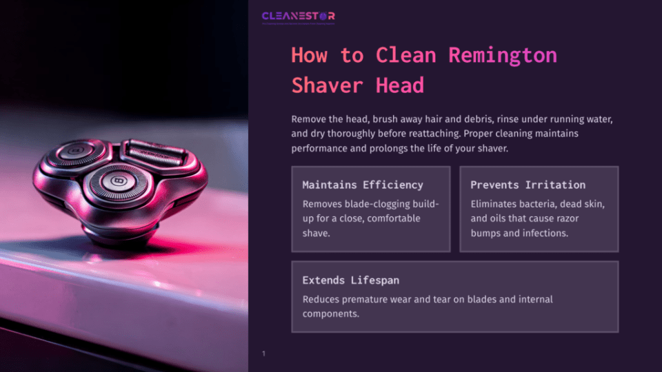 1 How To Clean Remington Shaver Head Close-Up Of A Silver Electric Shaver Head With Three Circular Blades On A Pink Surface, With Text Overlay &Quot;Cleanestor How To Clean Remington Shaver Head&Quot;.