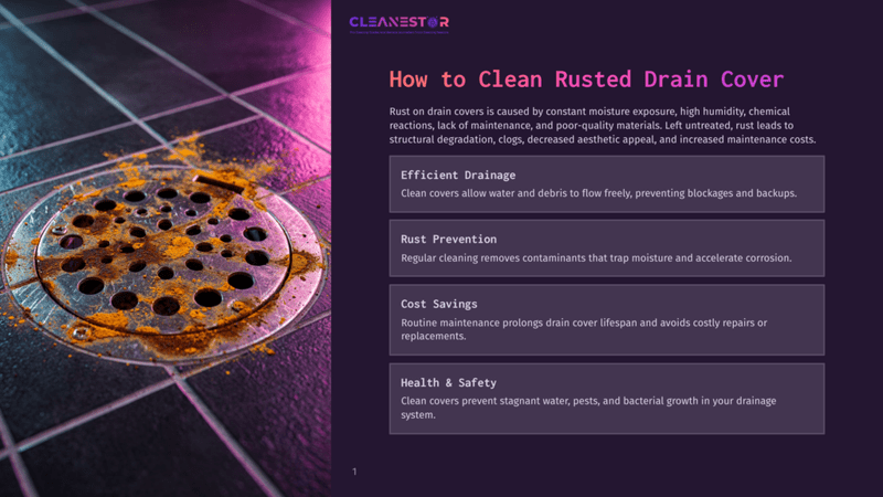 1 How To Clean Rusted Drain Cover Close-Up Of A Heavily Rusted Drain Cover In A Shower, With Orange Rust Particles And Dark Grout. Text Overlay Reads &Quot;Cleanestor&Quot; And &Quot;How To Clean Rusted Drain Cover&Quot;.