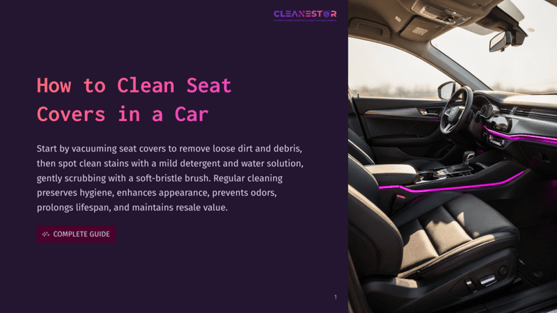 1 How To Clean Seat Covers In A Car Interior Of A Modern Car With Black Leather Seats, Ambient Purple Lighting, And A &Quot;Cleanestar&Quot; Logo. The Text &Quot;How To Clean Seat Covers In A Car&Quot; Is Overlaid On The Left.