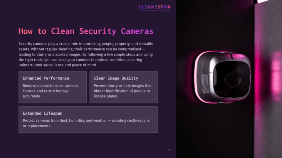1 How To Clean Security Cameras Close-Up Of A Modern Security Camera With A Pink Led Light Ring, Mounted On A Dark Background. Text Overlay Reads &Quot;Cleanestor&Quot;.