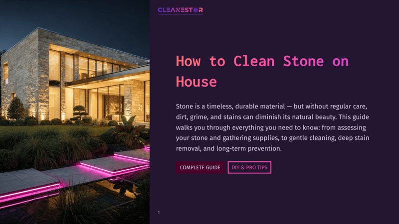 1 How To Clean Stone On House Modern Stone House Exterior At Dusk With Illuminated Pathways And Landscaping. Text Overlay Reads &Quot;Cleanestor&Quot; And &Quot;How To Clean Stone On House&Quot;.