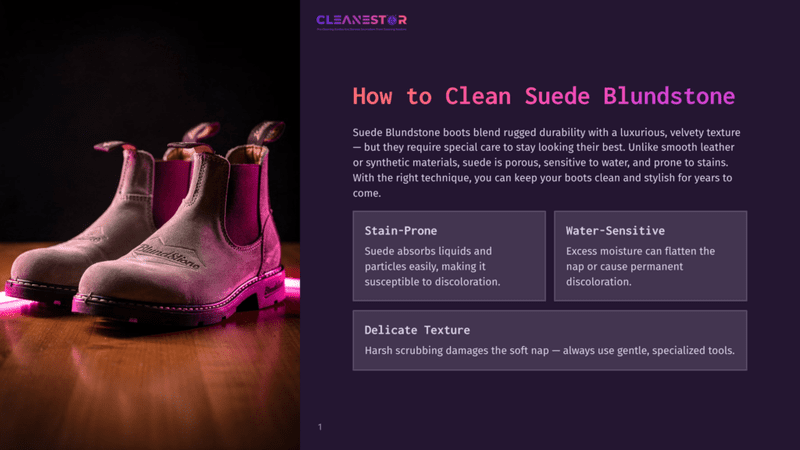 1 How To Clean Suede Blundstone Two Tan Blundstone Boots Sit On A Wooden Surface, Illuminated By Purple Light, With The Brand Name Visible On The Side Of One Boot.