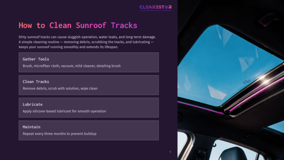 1 How To Clean Sunroof Tracks A Car Sunroof With Illuminated Pink Interior Lighting, Viewed From Inside The Vehicle, With Text On The Left Detailing How To Clean Sunroof Tracks.