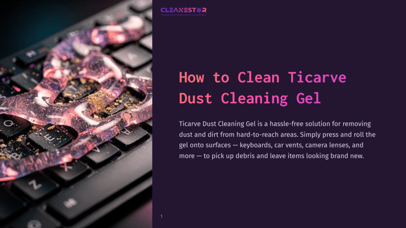 1 How To Clean Ticarve Dust Cleaning Gel Close-Up Of A Keyboard Covered In Purple Ticarve Dust Cleaning Gel, Picking Up Dust And Debris. The Gel Has A Translucent, Gooey Texture With Visible Particles.