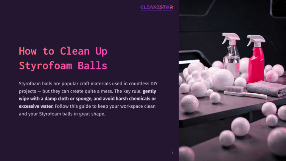 1 How To Clean Up Styrofoam Balls A Work Surface Covered In White Styrofoam Balls, Cleaning Supplies Including Spray Bottles And A Cloth, And A Brush. The Text &Quot;How To Clean Up Styrofoam Balls&Quot; Is Visible On The Left.
