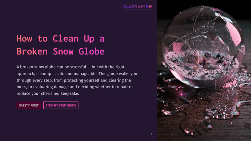 1 How To Clean Up A Broken Snow Globe A Shattered Snow Globe Lies On A Dark Wooden Surface, Its Glass Broken And Glittery Liquid Spilled, With Pink And Purple Light Reflecting Off The Mess. Text Reads &Quot;How To Clean Up A Broken Snow Globe.