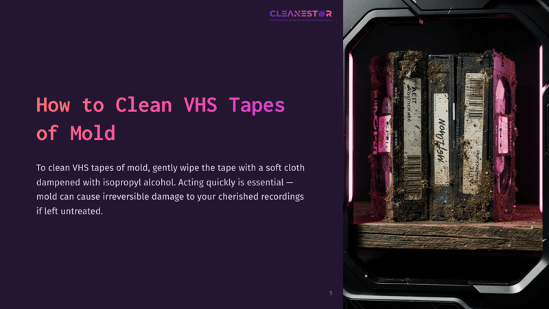 1 How To Clean Vhs Tapes Of Mold Close-Up Of Moldy Vhs Tapes Stacked On A Wooden Shelf, With A Pink Light Illuminating The Scene. Text Reads &Quot;Cleanestor&Quot;.