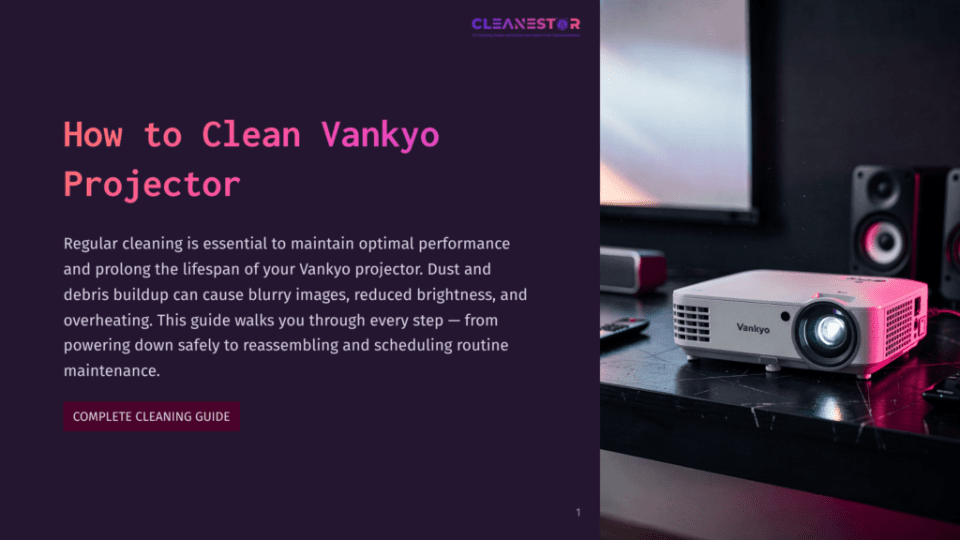 1 How To Clean Vankyo Projector A Vankyo Projector Sits On A Dark, Glossy Surface Next To Two Black Speakers, With A Remote Control Nearby. The Scene Is Lit, Highlighting The Projector&Amp;Apos;S Lens And The Text &Quot;How To Clean Vankyo Projector&Quot; On The Left. A Cleanestor Logo Is Visible At The Top.