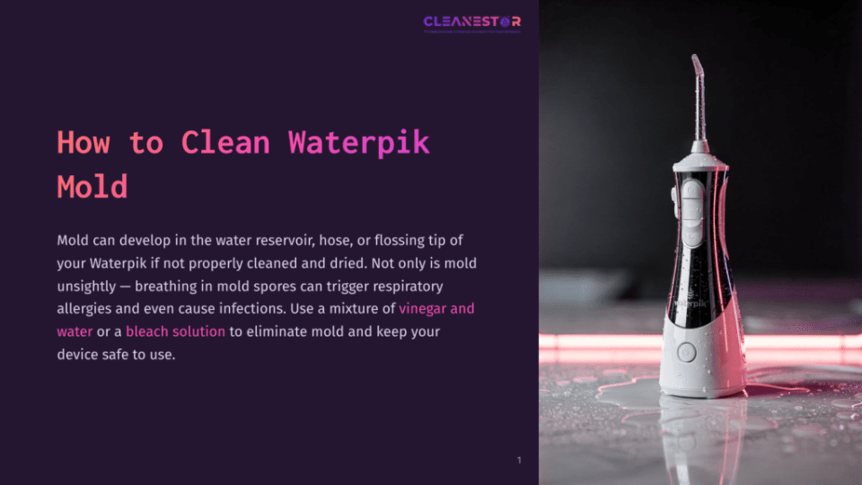 1 How To Clean Waterpik Mold White Water Flosser With A Clear Water Reservoir, Sitting On A Wet Surface With Pink Neon Lighting In The Background. Text On The Screen Reads &Quot;Cleanestor&Quot; And &Quot;How To Clean Waterpik Mold&Quot;.