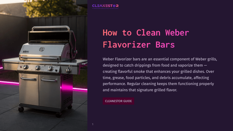 1 How To Clean Weber Flavorizer Bars A Stainless Steel Weber Grill With Its Lid Up, Showcasing Its Flavorizer Bars, Sits Outdoors At Dusk With Pink Neon Lights Illuminating The Patio. Text Overlay Reads &Quot;How To Clean Weber Flavorizer Bars&Quot; And &Quot;Cleanestor&Quot;.
