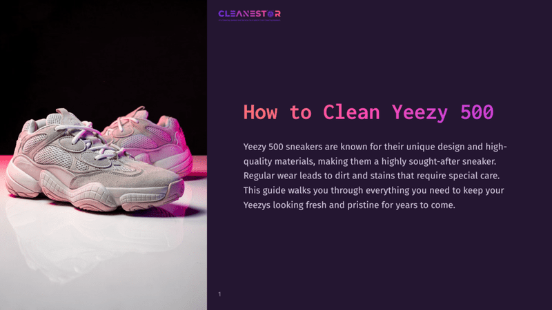 1 How To Clean Yeezy 500 A Pair Of Yeezy 500 Sneakers, One In Light Pink And The Other In Gray, Displayed On A Reflective Surface With A Dark Background. Text Overlay Reads, &Quot;How To Clean Yeezy 500.