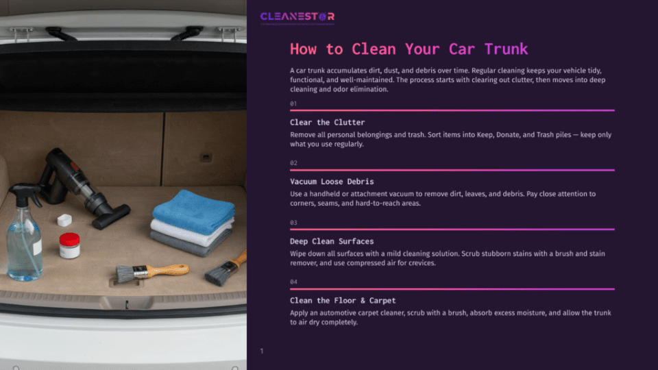 1 How To Clean Your Car Trunk Inside A Car Trunk, Cleaning Supplies Like A Spray Bottle, Microfiber Towels, And Brushes Are Neatly Arranged Next To A Handheld Vacuum Cleaner, Ready For A Deep Clean.