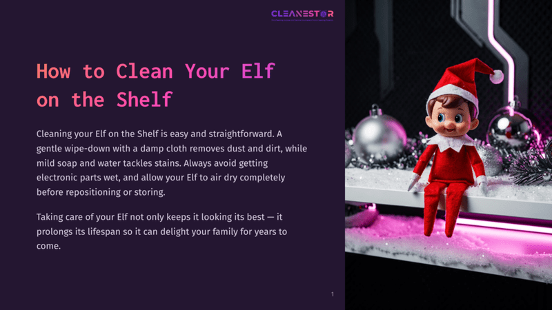 1 How To Clean Your Elf On The Shelf A Festive Elf In A Red Santa Hat And Suit Sits On A White Shelf Decorated With Glitter And Christmas Ornaments, Illuminated By Pink Led Lights. Text Reads &Quot;How To Clean Your Elf On The Shelf.