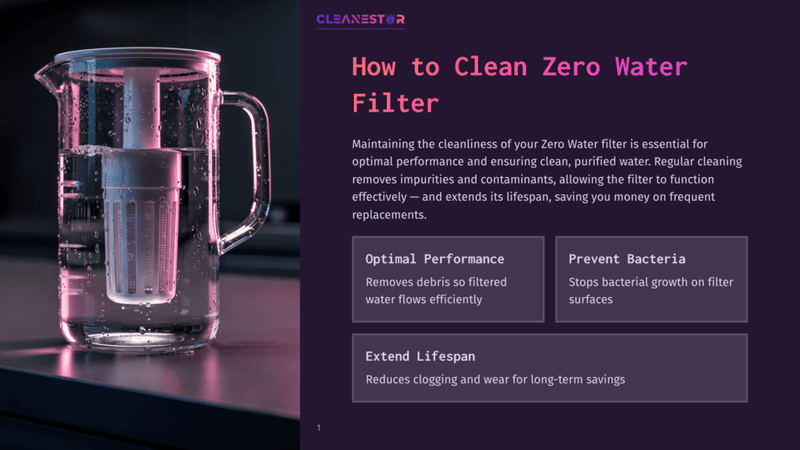 A Clean Zero Water Filter Pitcher Filled With Purified Water, Showcasing The Filter'S Internal Components. Text Overlay Reads &Quot;How To Clean Zero Water Filter&Quot; And &Quot;Cleanestor&Quot;.