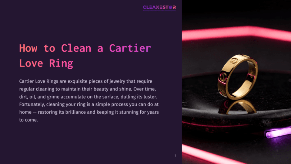 1 How To Clean A Cartier Love Ring Golden Cartier Love Ring With Signature Engravings, Resting On A Dark, Reflective Surface With Neon Pink And Purple Lighting. &Quot;How To Clean A Cartier Love Ring&Quot; Title Overlay.