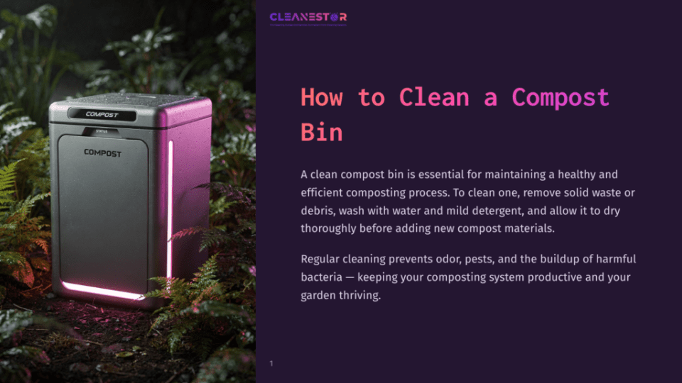 1 How To Clean A Compost Bin A Modern, Sleek Gray Compost Bin With A Glowing Pink Base Sits In A Lush, Green Garden At Night, With The Text &Quot;Cleanestor&Quot; And &Quot;Compost&Quot; Visible On The Bin.