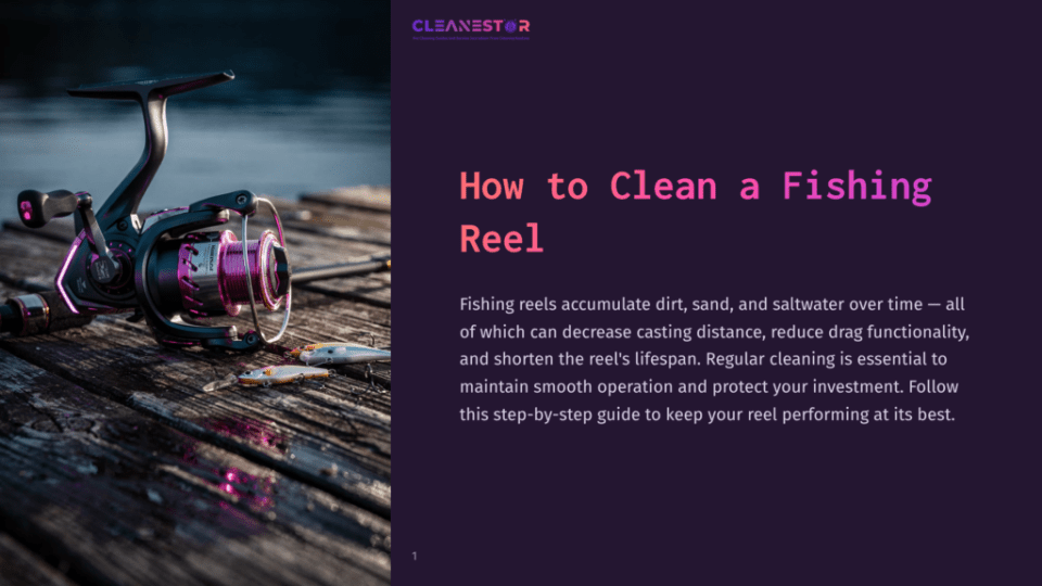 1 How To Clean A Fishing Reel A Fishing Reel With Purple And Black Accents Sits On A Wooden Dock By The Water, With A Fish Bait Nearby. Text Overlay Reads &Quot;How To Clean A Fishing Reel&Quot;.