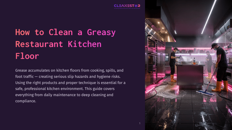 1 How To Clean A Greasy Restaurant Kitchen Floor Restaurant Kitchen Floor Being Cleaned By A Person In Yellow Boots, With Pink Neon Lights Reflecting On The Wet, Greasy Floor And Stainless Steel Equipment.