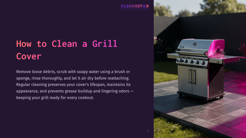 1 How To Clean A Grill Cover A Stainless Steel Grill With A Black Cover Sits On A Tiled Patio Next To A Dark Wall And Green Plants. The Text &Quot;Cleanestor&Quot; Is Visible At The Top.