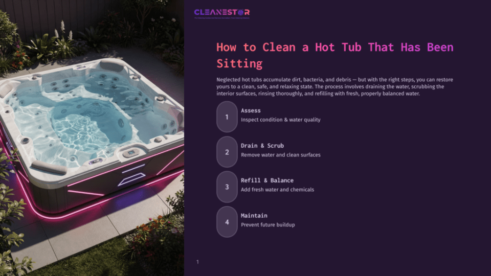 1 How To Clean A Hot Tub That Has Been Sitting A Modern, Luxurious Hot Tub With Glowing Pink And Purple Led Lights Sits On A Patio At Night, Surrounded By Lush Green Grass And Plants. Text Overlays Provide Instructions On How To Clean A Hot Tub.