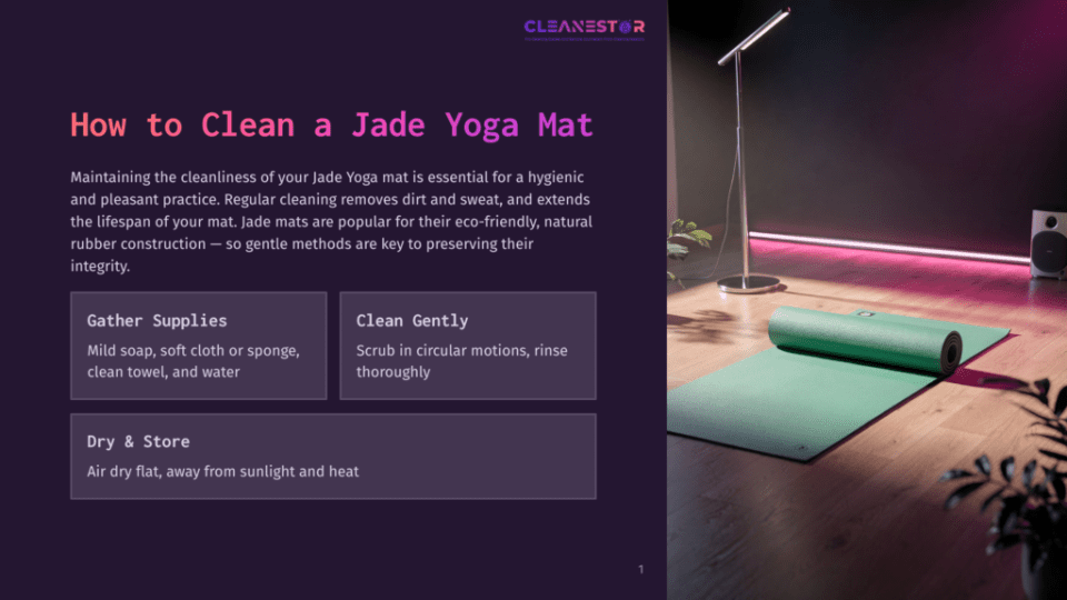 1 How To Clean A Jade Yoga Mat A Green Jade Yoga Mat Is Rolled Up On A Wooden Floor Next To A Sleek, Modern Lamp With A Pink Glow. Text Overlay Reads &Quot;Cleanestor&Quot; And &Quot;How To Clean A Jade Yoga Mat&Quot;.